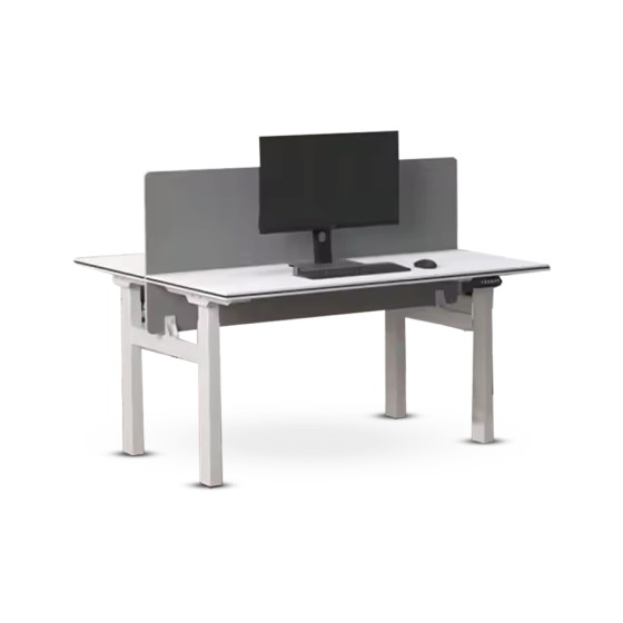 Meja kerja dua orang  saling berhadapan  dengan fitur naik-turun  (height-adjustable desk).